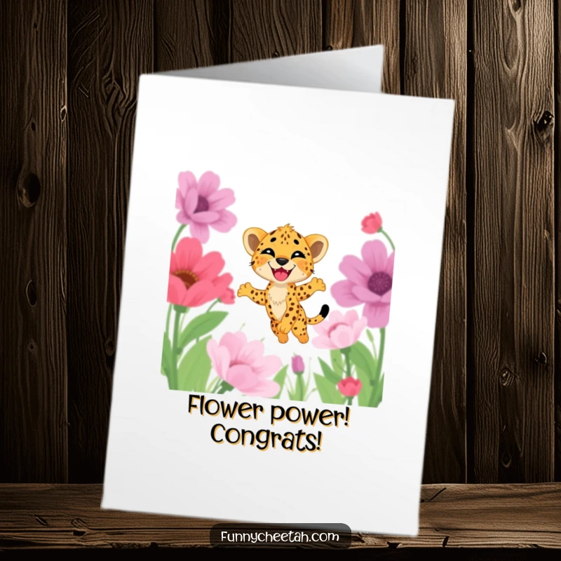 Funny Free Printable Cheetah Cub Congratulations Card: Cub with a delighted grin leaps through oversized flowers, celebrating achievements.