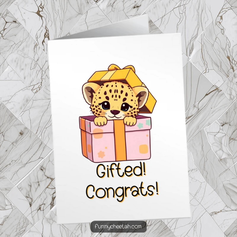 Funny Free Printable Cheetah Cub Congratulations Card: Cub peeks playfully from an oversized colorful gift box, celebrating success.