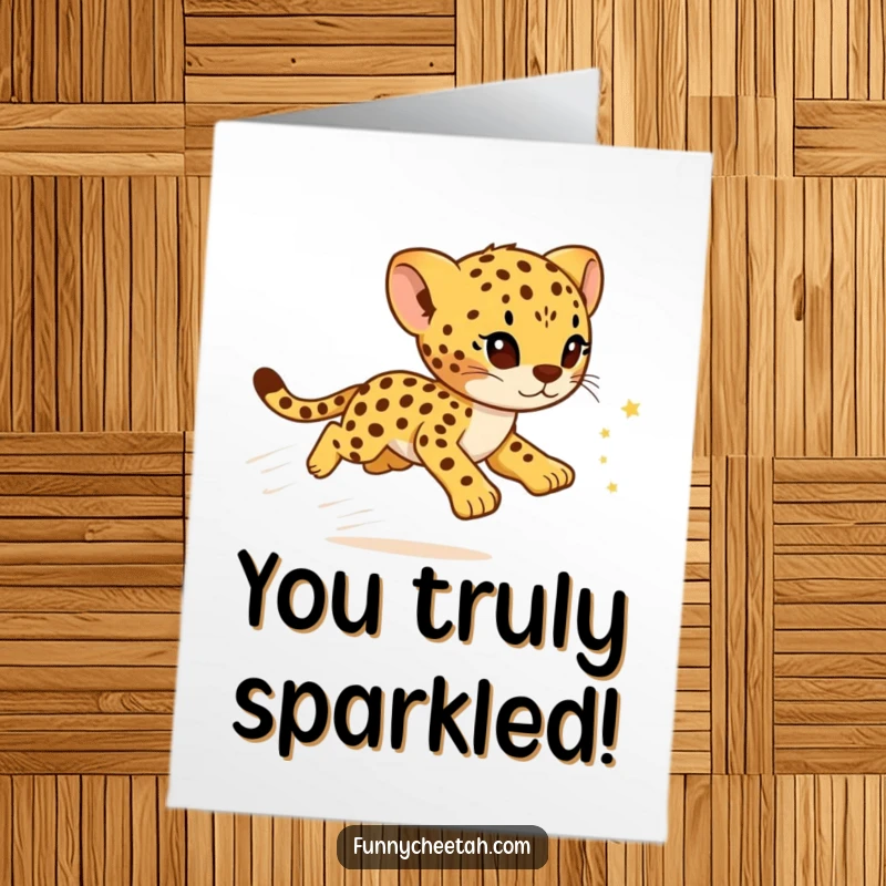 Free Printable Congratulations Card: A cheetah cub zooms by, creating a beautiful trail of sparkling stars for a grand success.