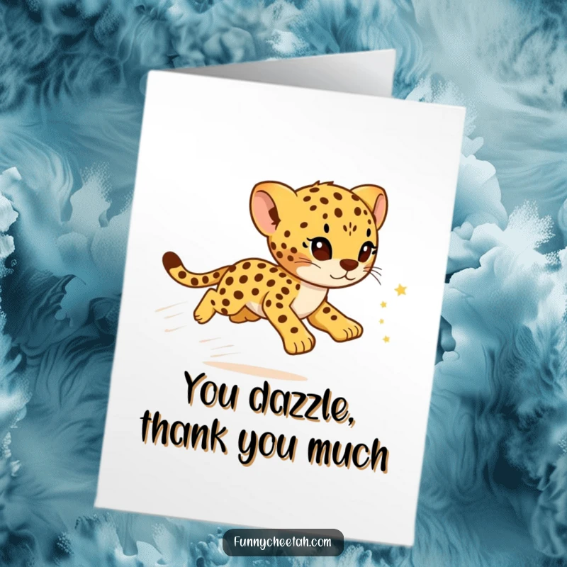 Funny Free Printable Thank You Card: A cheetah cub zooms forward, leaving a magical trail of bright, sparkling stars.