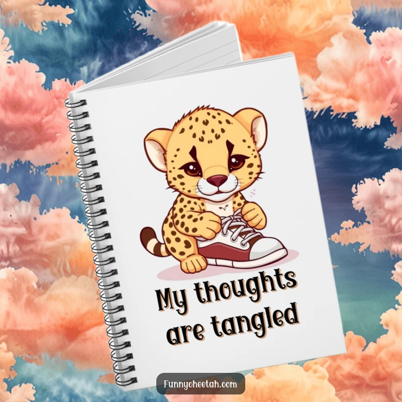 Funny notebook featuring a cheetah cub looking lost while trying to tie its shoelaces, perfect for notes, doodles, and everyday thoughts.