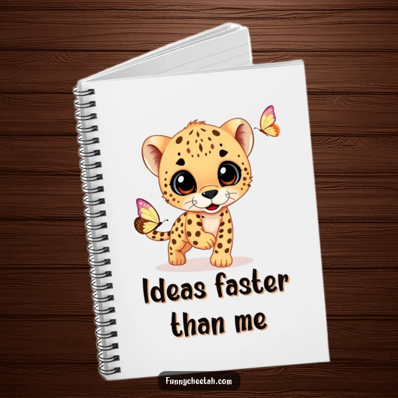 Funny notebook with a cheetah cub captivated by a shimmering butterfly, ideal for capturing thoughts, doodles, and creative ideas with a smile.