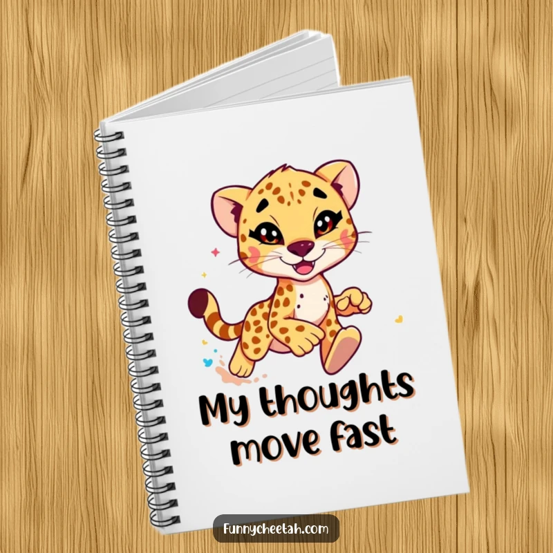 Funny Cheetah Notebook featuring a speedy cheetah winking, kicking up colorful dust, ideal for jotting down funny thoughts and ideas.
