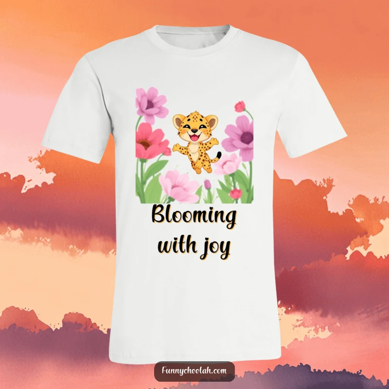 Funny T-shirt featuring a cheetah cub with a delighted grin leaping joyfully through a colorful field of oversized flowers, radiating happiness.