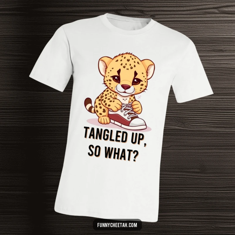 Funny T-shirt showcasing a cheetah cub looking utterly bewildered while trying to tie its shoelaces, highlighting comical confusion.