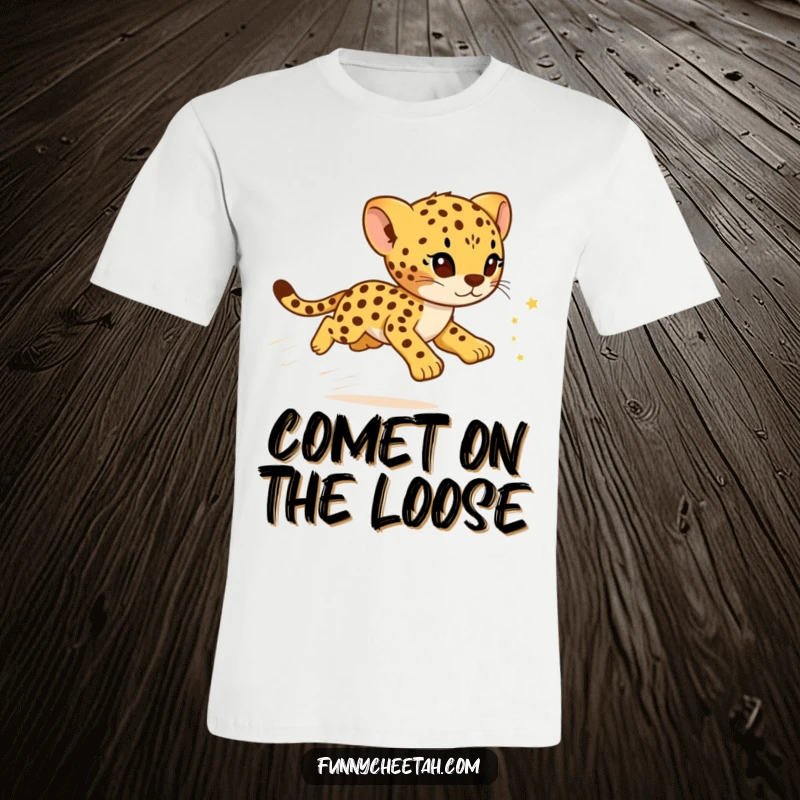 Funny Cheetah Cub T-Shirt depicting a swift cub leaving a dazzling trail of sparkling stars, perfect for whimsical humor.
