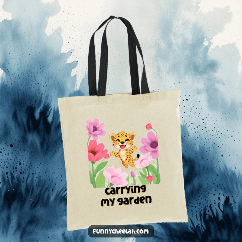 Funny tote bag showcasing a cheetah cub with a delighted grin leaping through a whimsical field of oversized flowers, perfect for stylish carrying.