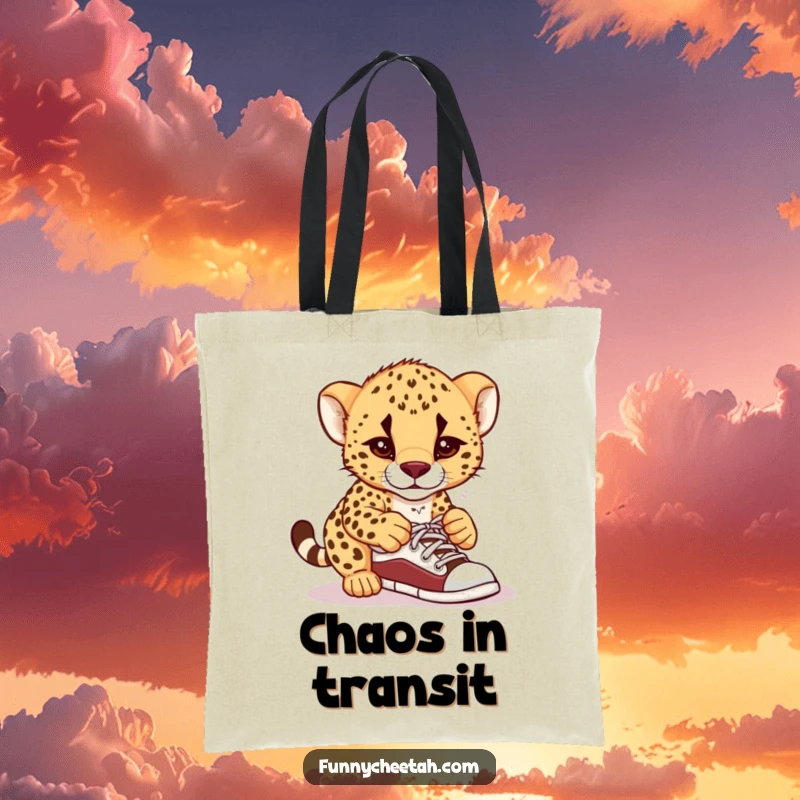 Funny tote bag showing a cheetah cub in a comical tangle trying to tie its shoelaces, ideal for carrying daily necessities with humor.