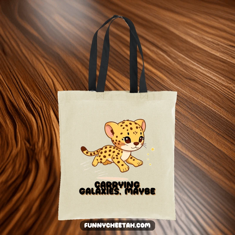 Funny Cheetah Cub Tote Bag showcasing a cub zooming past, leaving a whimsical trail of sparkling stars, a cute and humorous accessory.