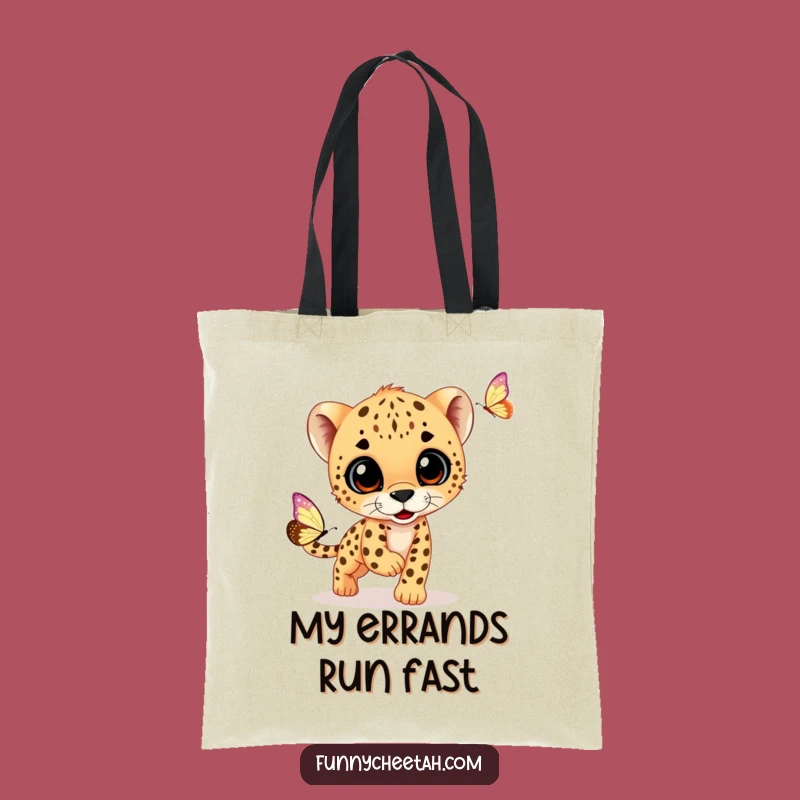 Funny Cheetah Cub Tote Bag: Playful Cub Chasing Butterfly, Stylish & Humorous Shopping Companion